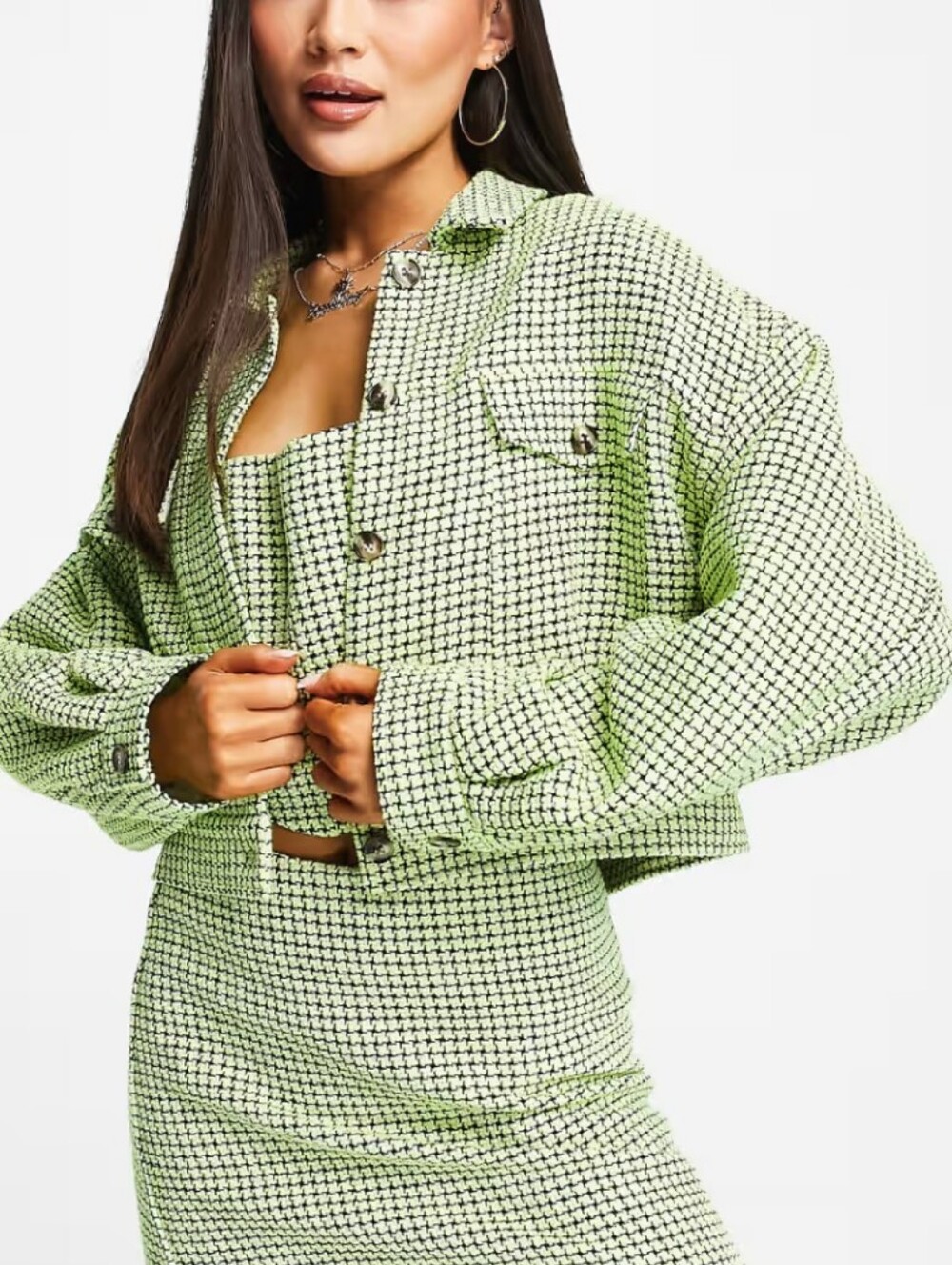 ASOS Design Womens Neon Houndstooth Green Boucle Suit Cropped Shacket NWT 2